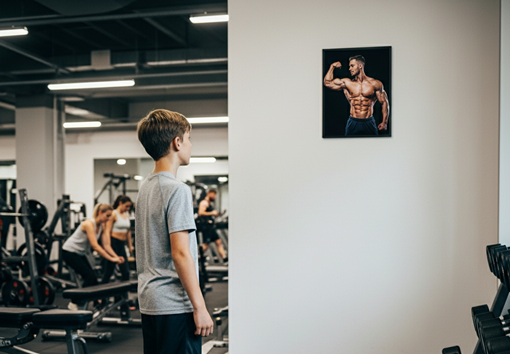 un ragazzo in palestra osserva un poster di un uomo muscoloso