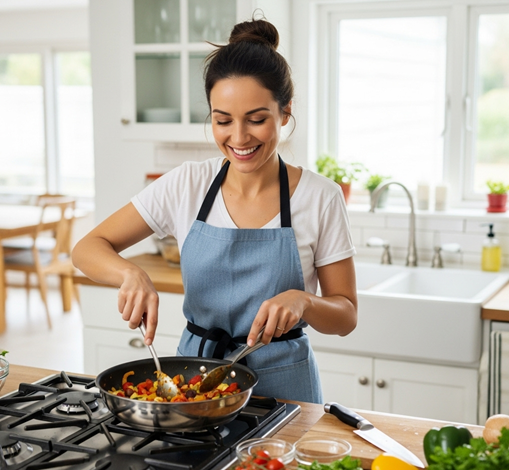 una donna cucina un piatto salubre e leggero