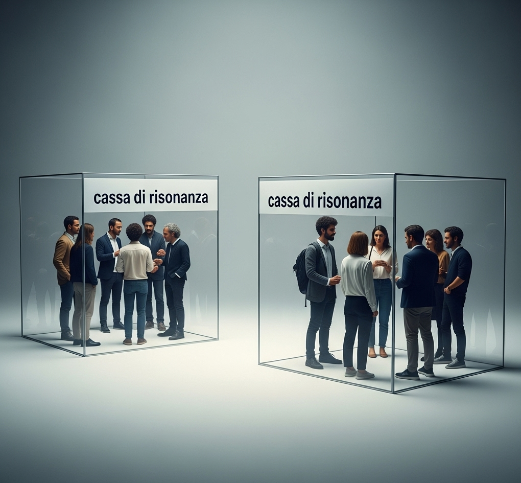 nell'immagine ci sono due scatole chiuse, indicate come cassa di risonanza e non comunicanti tra di loro, all'interno di ognuna ci sono delle persone che parlano tra di loro; questo effetto è uno dei  grandi pericoli delle fakew news