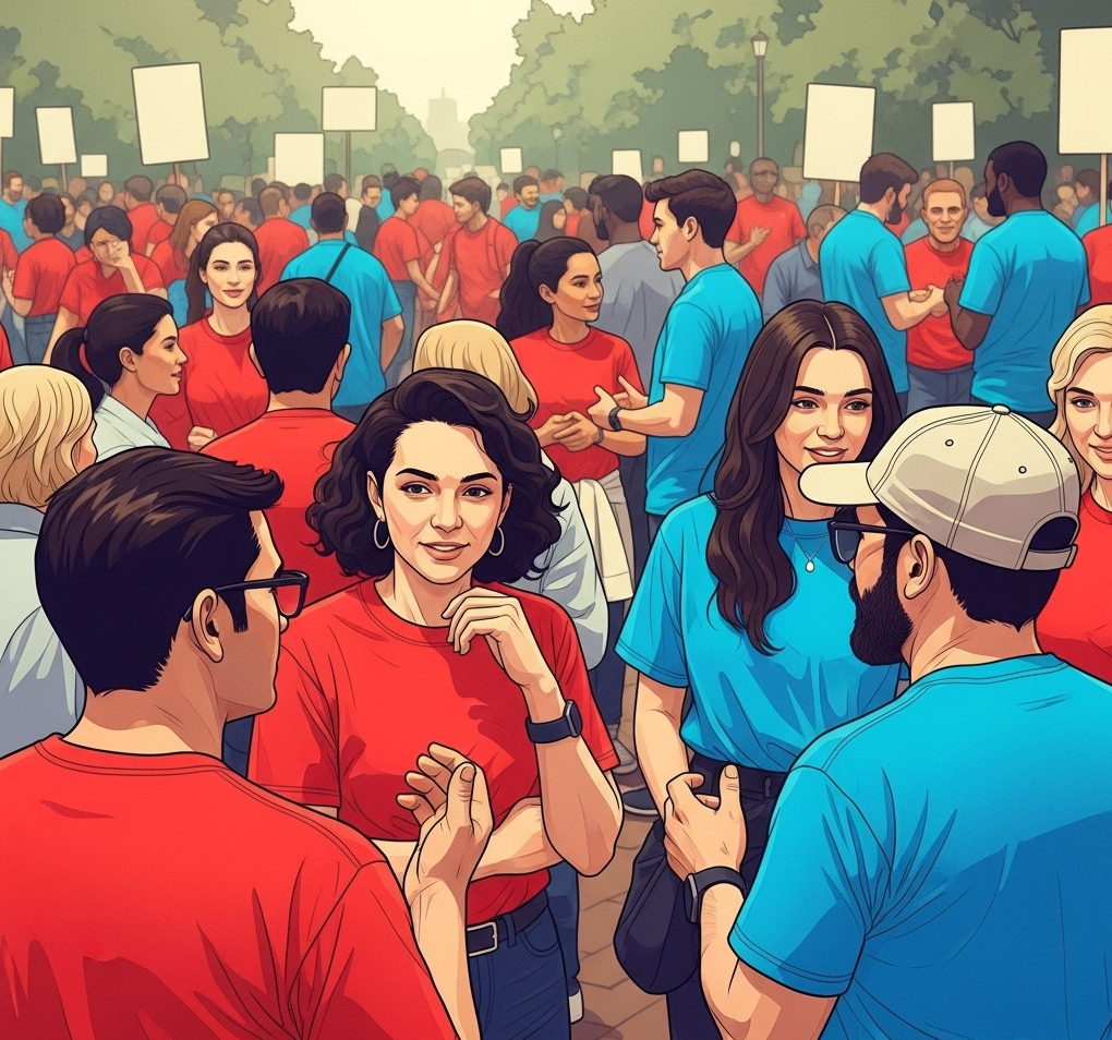 disegno in cui si vedono decine di persone che parlano in modo educato e civile tra di loro, nonostante indossino magliette rosse o blu, in quanto appartenenti a gruppi in contrapposizione