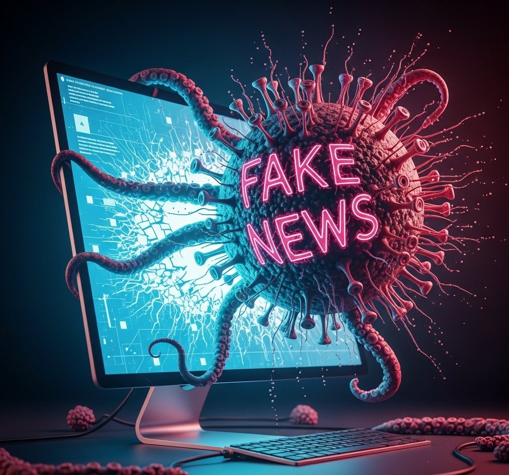 un virus che si chiama fake news prova a fagocitare lo schermo di un pc