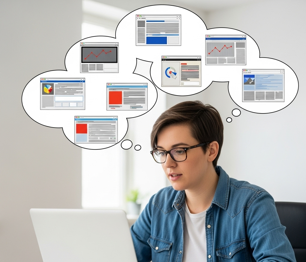 un ragazzo guarda il pc e contemporaneamente, in nuvolette sopra la sua testa, sta eseguendo un processo di confronto tra le fonti, ovvero lateral reading