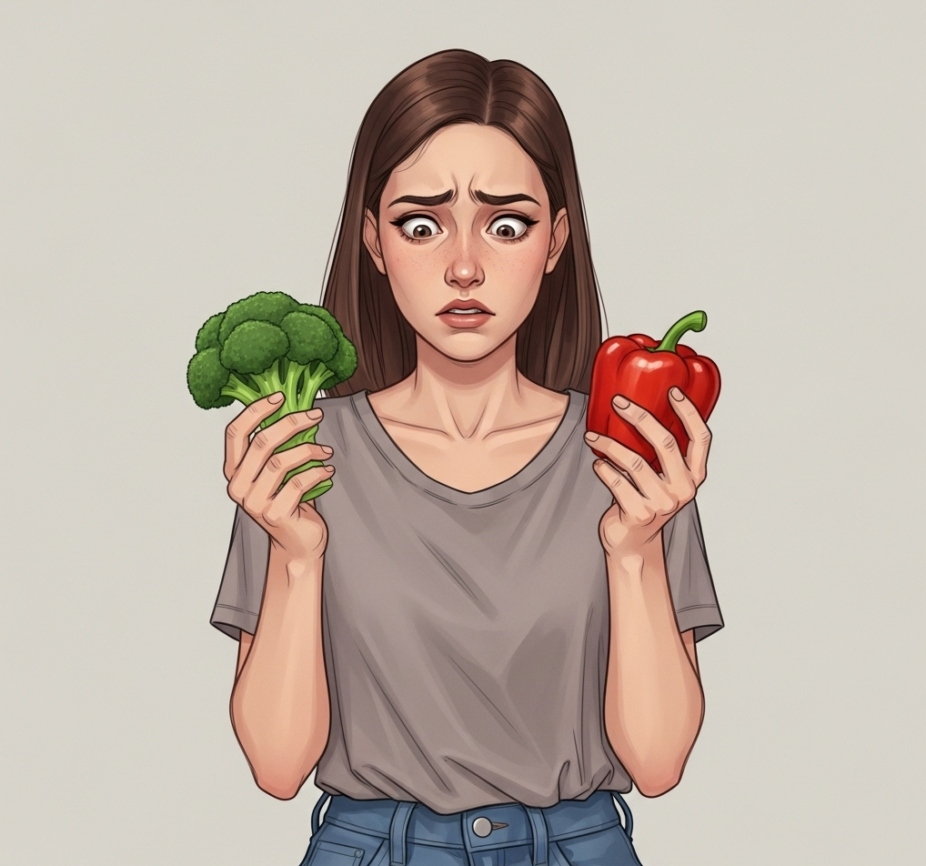 Una ragazza ha la faccia preoccupata mentre deve scegliere tra un broccolo e un peperone; l'eccessiva fissazione per la dieta sana prende il nome di ortoressia