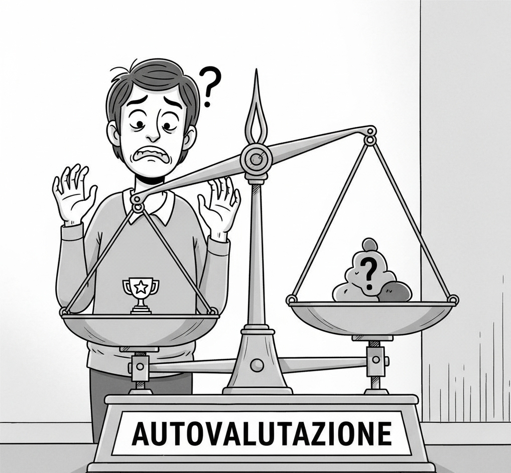 disegno in bianco e nero in cui un uomo ha l'espressione sconvolta mentre deve decidere come stimare i due piatti della bilanca, la quale riporta l'etichetta "AUTOVALUTAZIONE"