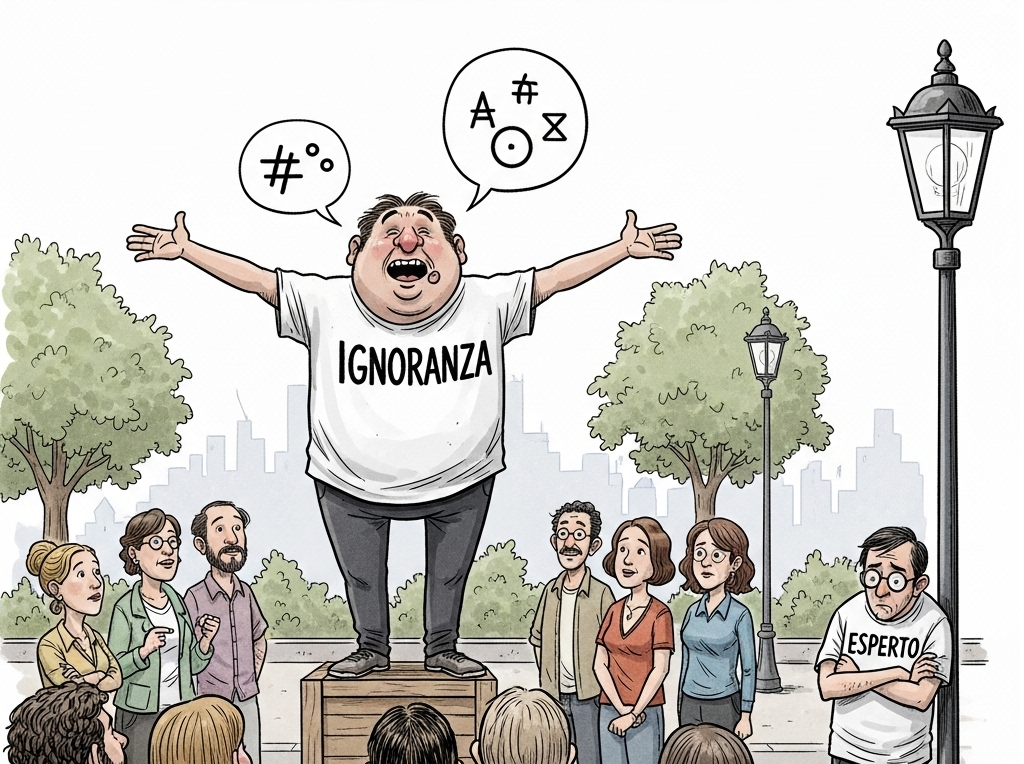 un uomo su un piedistalli e con la scritta "ignoranza" sulla magliette declama ad un vasto pubblico le sue idee, un altro uomo con la scritta sulla maglietta "esperto" resta ad ascoltare contrariato in disparte, effetto Dunning-kruger