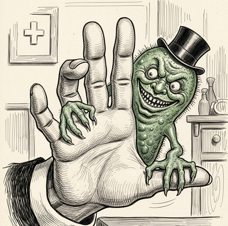 immagine di un germa che infetta le mani di un medico in un ambulatorio medico del 1800