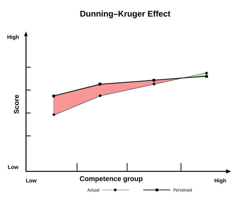 Grafico che mostra l'effetto di Dunning-Kruger, tratto dal lavoro scientifico