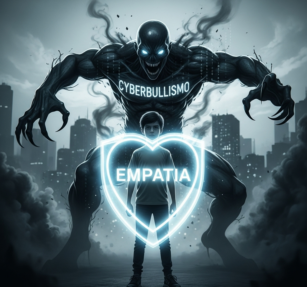 disegno in cui un mostro con la scritta Cyberbullismo sta provando ad aggredire un ragazzo di spalle, che però risulta protetto da uno scudo luminescente con sopra scritto Empatia