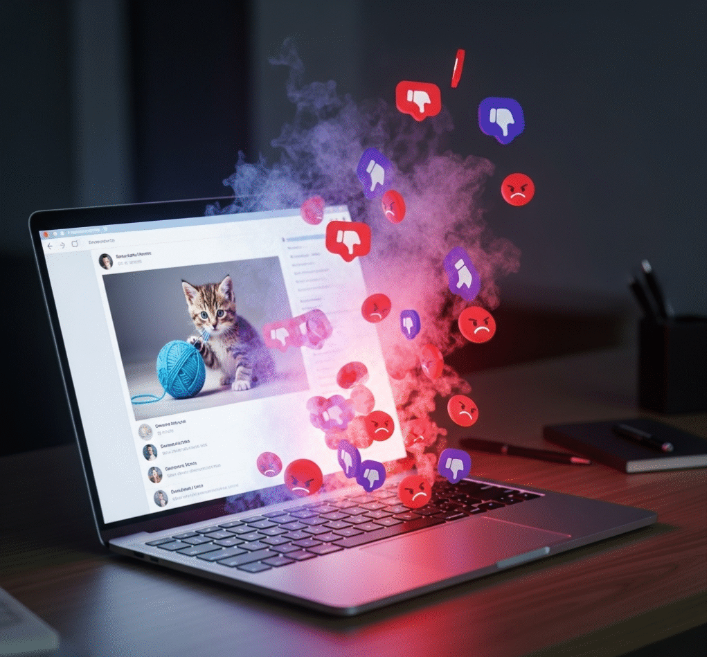 immagine di un laptop dal quale fuoriescono emoticon di rabbia e dislikes, le interazioni tossiche sui social spiegano il collegamento tra cyberbullismo e mancanza di empatia