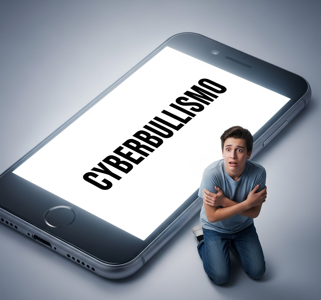 immagine di un ragazzo che trema ai piedi di un gigantesco cellulare con scritto sullo schermo "cyberbullismo" 