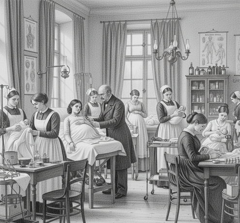 immagine di un reparto di ginecologia del 1800, la febbre puerperale era una grave infezione sistemica che uccideva ogni anno centinaia di donne