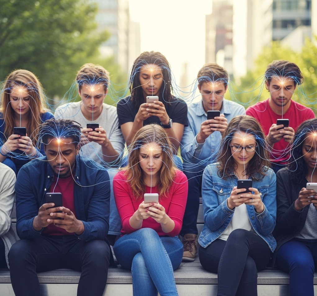 nell'immagine ci sono numerosi ragazzi completamente presi dallo smartphone e che non comunicano tra di loro