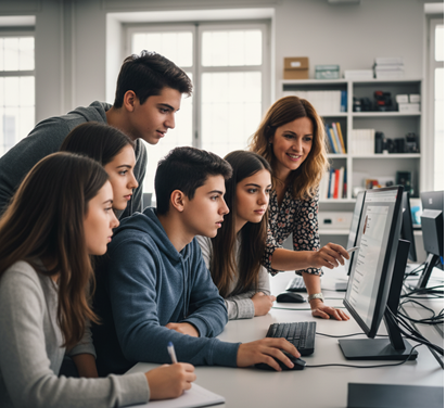 un gruppo di ragazzi discute con la professoressa dei rischi del web, l'immagine sottolinea l'importanza dell'educazione digitale