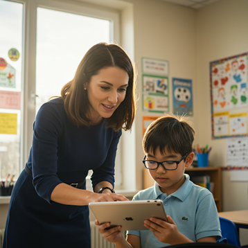 una maestra illustra ad un bambino come usare il tablet