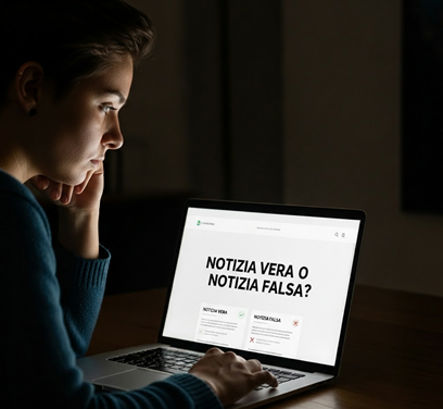 un utente fissa lo schermo del proprio pc su cui compare la scelta "notizia vera o notizia falsa?"