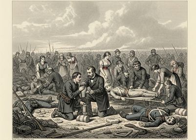 ritratto stilizzato di Dunant che aiuta dei feriti di guerra