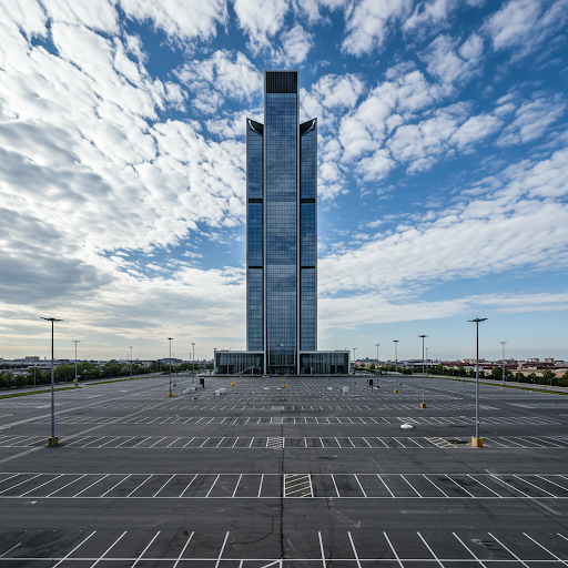 recensione del libro Il condominio, si vede un grattacialo circondato da parcheggi vuoti