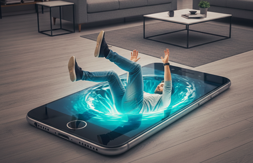 Perchè i social network fanno male? un uomo finisce risucchiato in uno smartphone