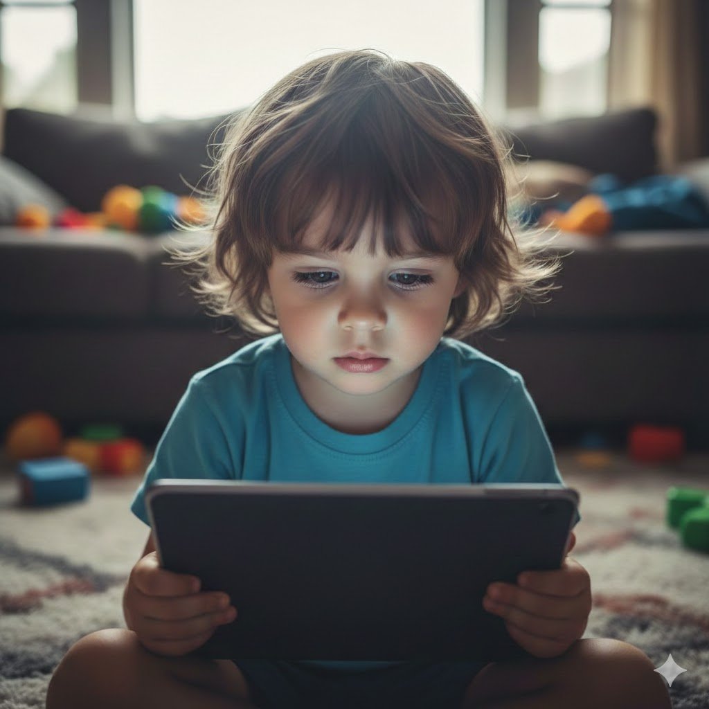 un bambino osserva con lo sguardo perso nel vuoto il suo tablet