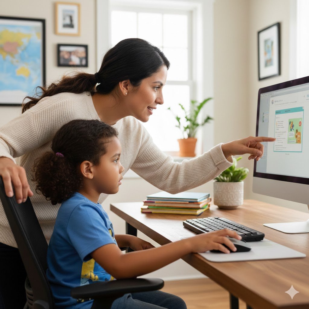 bambini e schermi digitali, una mamma mostra alla figlia come utilizzare correttamente il pc