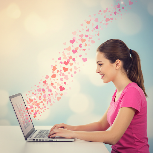 una ragazza osserva in modo allegro il suo pc da cui escono cuoricini