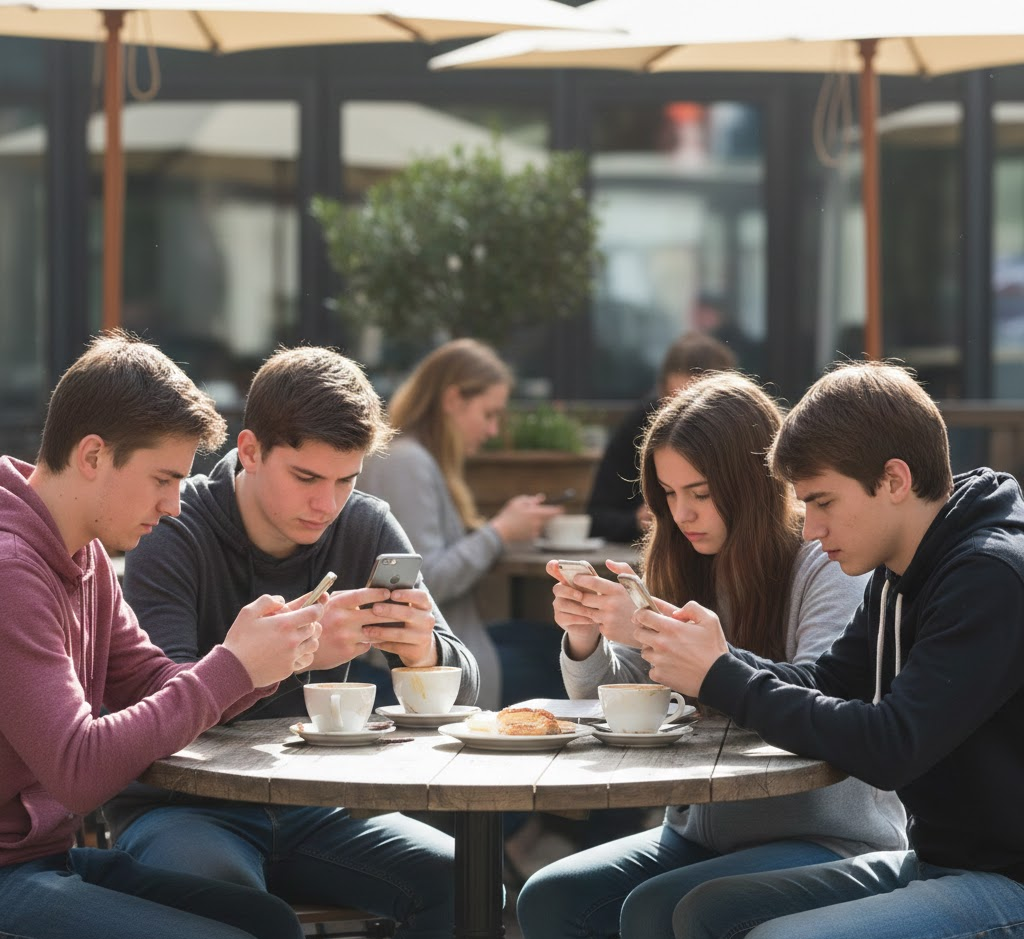 pro e contro del social media ban, un gruppo di ragazzi è seduto al tavolo ma ognuno è isolato rispetto al proprio cellulare