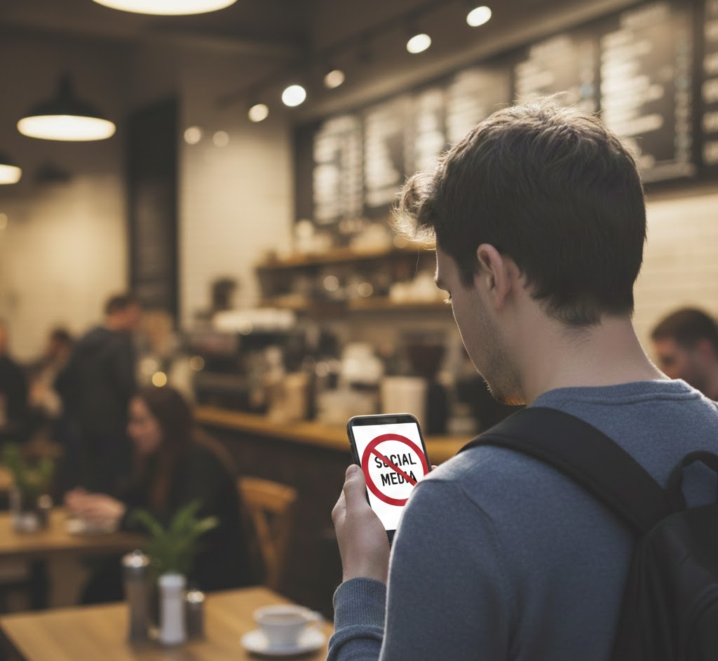 un ragazzo guarda lo schermo del suo cellulare ma è presente un segnale di divieto