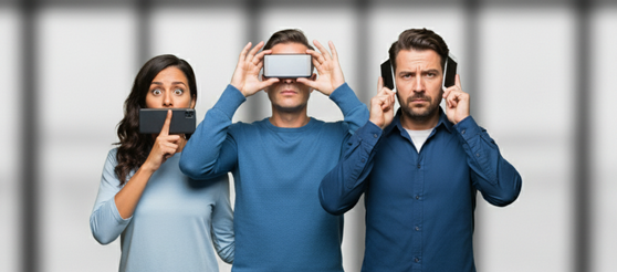 Cosa si intende per phubbing? tre persone usano i cellulari come le tre scimmiette, per non parlare, non vedere e non sentire.